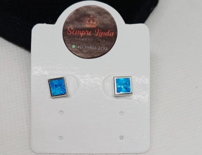 Brinco Azul Piscina Quadrado Pequeno em Zircônia Banhado a Prata