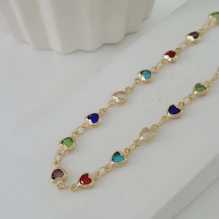 Colar Corações Coloridos Banhado a Ouro 18K