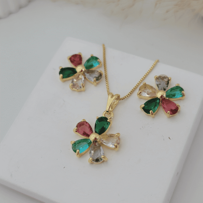 Conjunto Colar e Brinco Flor Colorida Ouro 18K