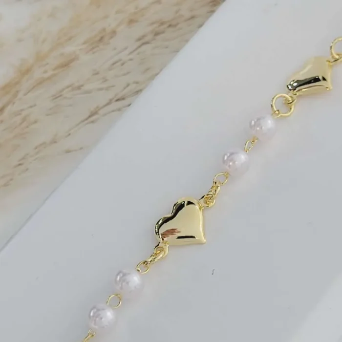 Pulseira de Pérola com Coração Ouro 18K