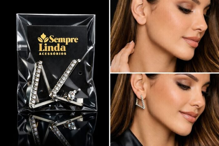 Brinco Argola Triângulo Cravejada Banho de Prata