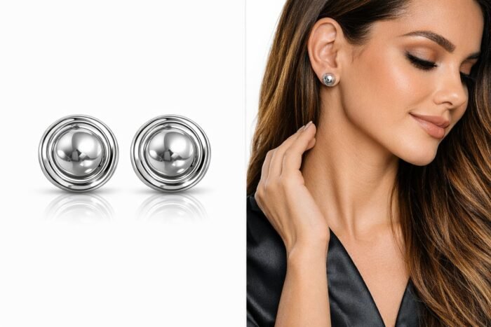 Brinco Botão Espelhado Banho de Prata