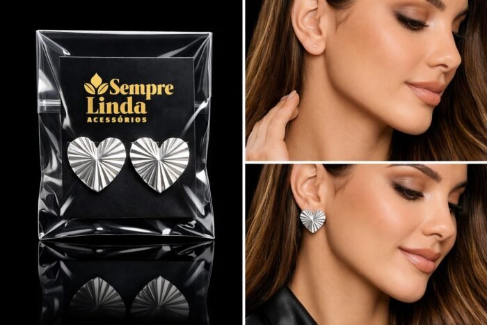 Brinco Coração Texturizado Efeito Leque Banho de Prata